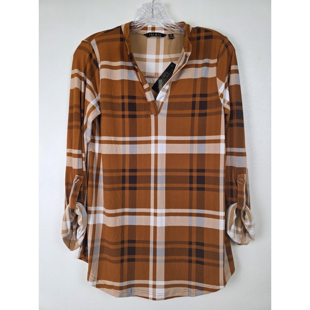Iman Shirt Womens XS Brown White Plaid Global Chic Roll Tab Sleeve Stretch‎ Top